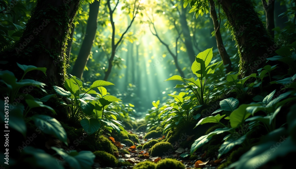 Fototapeta premium Sunlight filtering through vibrant green foliage.