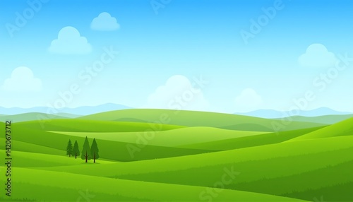 Vast green hills under a bright blue sky.