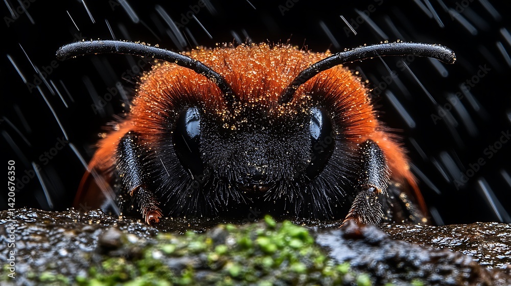 Obraz premium Red bee, close-up, rain