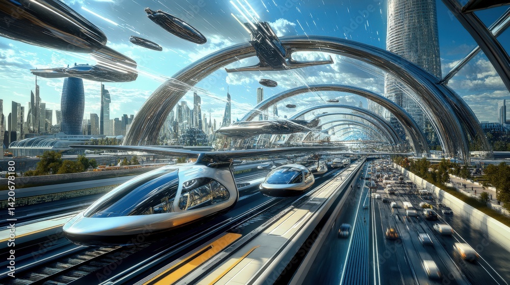 Futuristic cityscape featuring advanced transportation and architectural elements Futuristic cityscape featuring advanced transportation and architectural elements