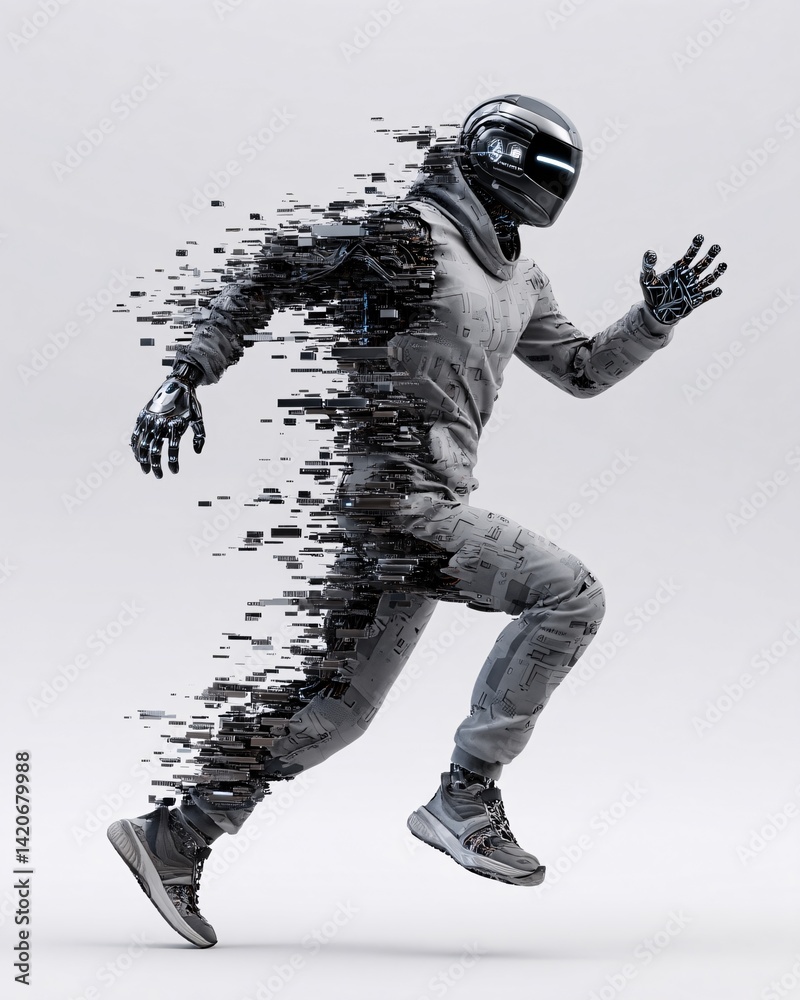 Futuristic Runner with Pixelated Detail and High-Tech Aesthetics in Motion Futuristic Runner with Pixelated Detail and High-Tech Aesthetics in Motion