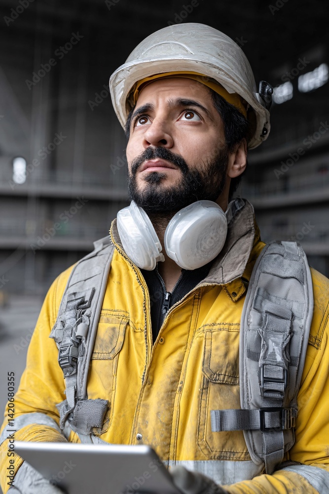 Construction Worker with Tablet in Active Industrial Site, Reflecting on Project Progress