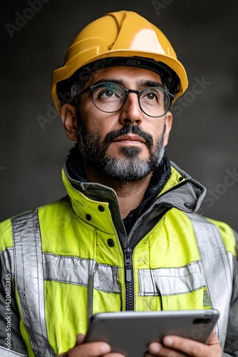 Construction Worker with Safety Gear Using Tablet in Industrial Environment for Project Management