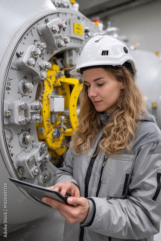 Woman Engineer Using Tablet in Industrial Facility with Equipment and Safety Gear