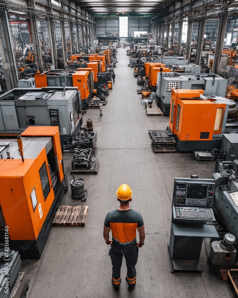 Worker Overseeing Manufacturing Floor with Machines and Equipment in Industrial Warehouse