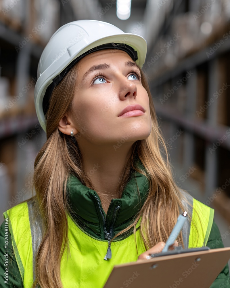 Young woman in safety gear looking up in a warehouse, holding a clipboard and pen