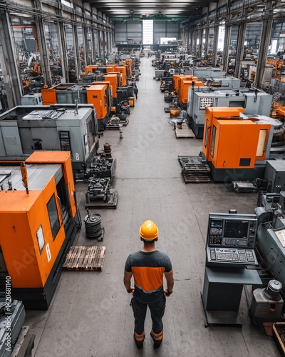 Obraz na płótnie Worker Overseeing Manufacturing Floor with Machines and Equipment in Industrial Warehouse w salonie