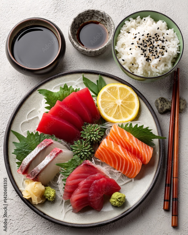 Fresh Sushi Selection with Wasabi, Ginger, and Soy Sauce on a Textured Gray Background