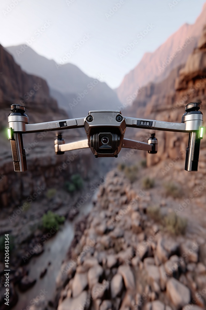 Drone Flying Over Canyon Landscape with Rocky Terrain and River During Daylight