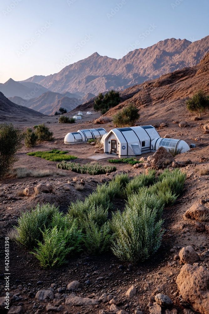 Modern Eco-Friendly Domes in Desert Landscape Surrounded by Mountains and Green Vegetation