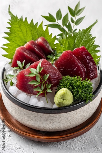 Obraz na płótnie Fresh Sashimi with Tuna, Wasabi, Greens, and Ice in a Stylish Bowl on a Wooden Plate w salonie