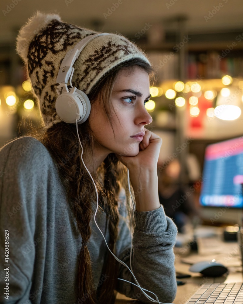 Focused Young Woman in Cozy Knit Hat Listening to Music While Working on Computer in Dimly Lit Room