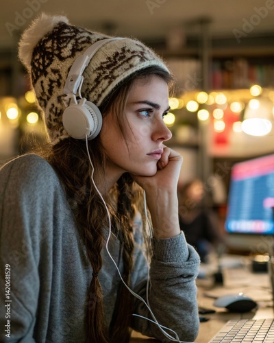 Obraz na płótnie Focused Young Woman in Cozy Knit Hat Listening to Music While Working on Computer in Dimly Lit Room w salonie