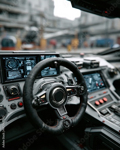 Obraz na płótnie Futuristic Vehicle Interior with Advanced Technology and Complex Control Panels w salonie