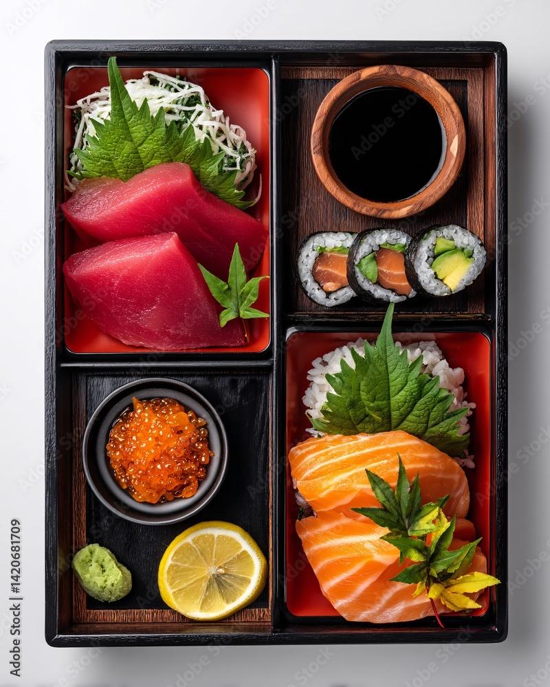 Assorted Japanese Cuisine with Fresh Fish Slices and Colorful Sushi Rolls on a Wooden Tray