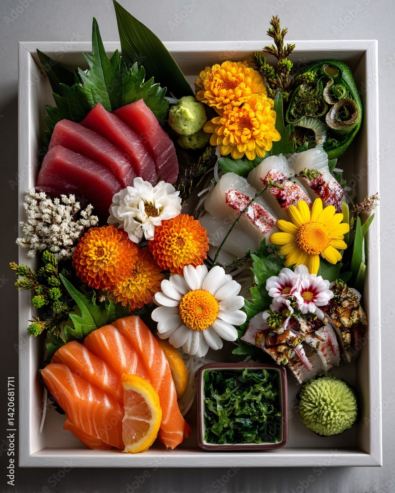 Vibrant Sushi Platter with Fresh Fish, Colorful Flowers, and Green Garnishes on Neutral Background