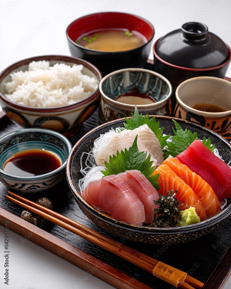 Fresh sushi platter with assorted sashimi, rice, miso soup, and traditional Japanese condiments