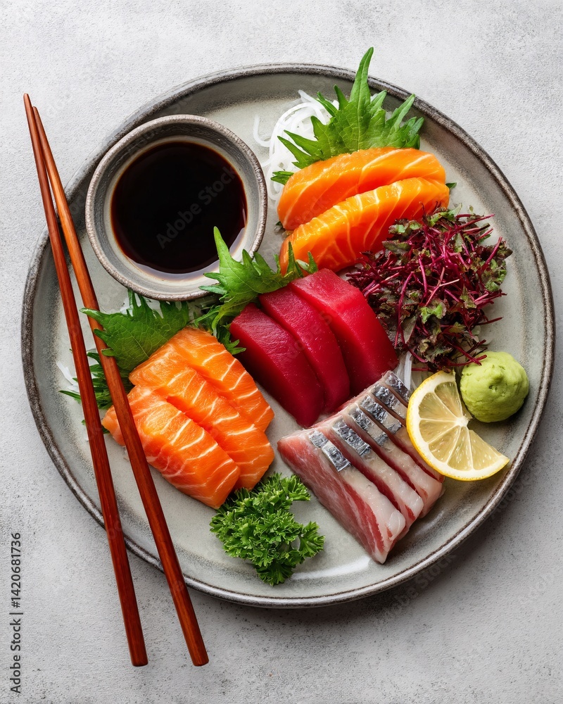 Fresh and Colorful Sushi Selection with Fish, Garnish, Wasabi, and Soy Sauce on Plate