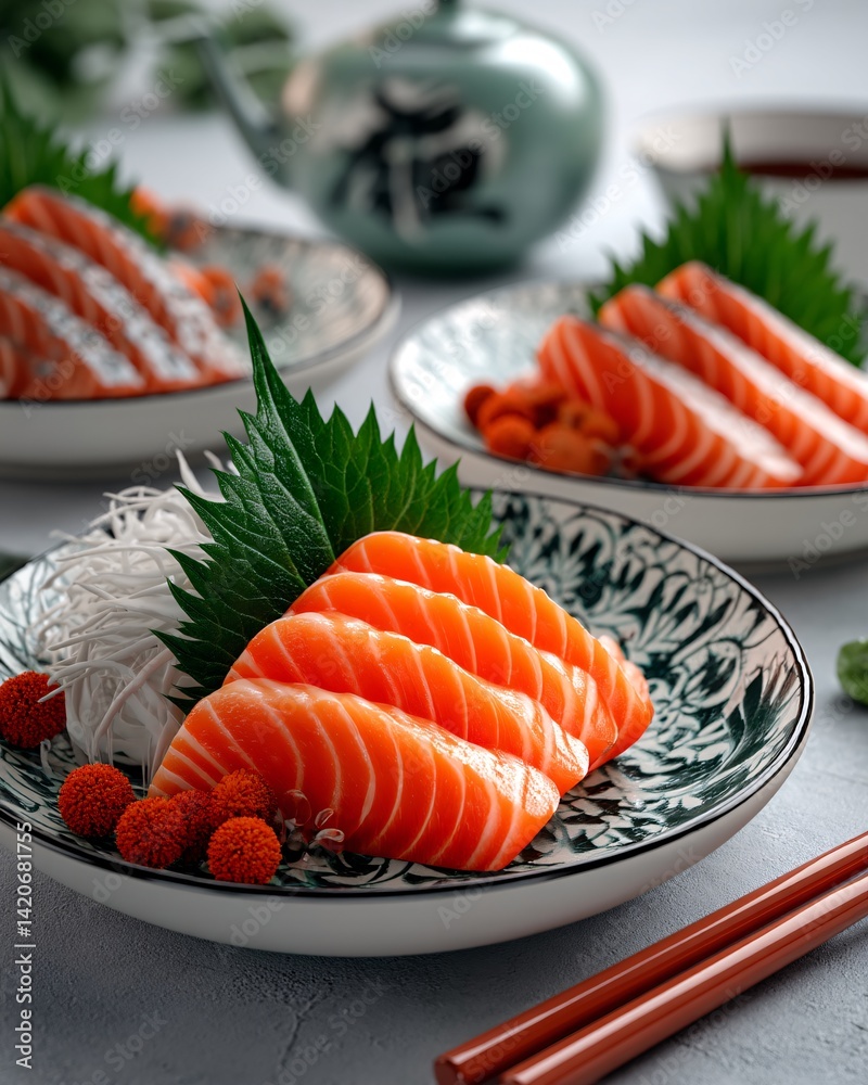 Fresh Salmon Sashimi with Garnishes and Green Leaves on Elegant Plates for Japanese Cuisine