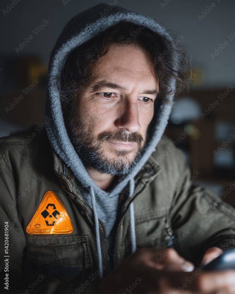Thoughtful man with beard in hooded jacket using smartphone in low-lit indoor environment
