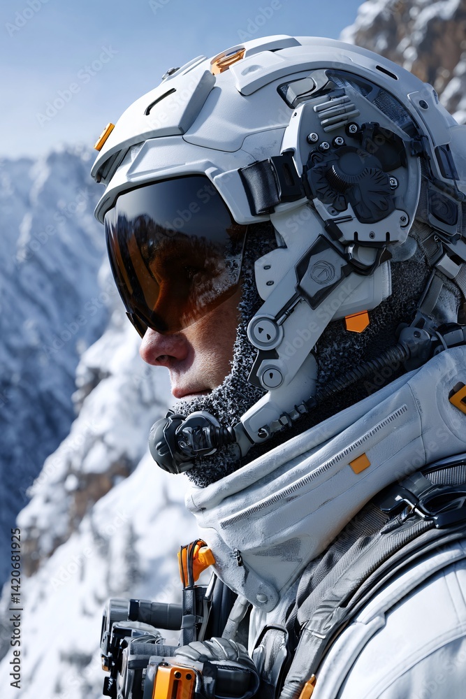 Futuristic Astronaut in Snowy Mountain Landscape with Advanced Technology on Helmet