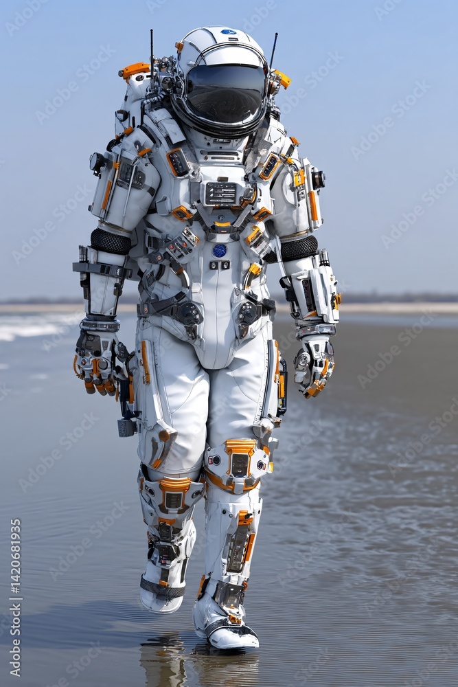 Futuristic Astronaut in Advanced Space Suit Walking on Beach Shoreline Under Blue Sky