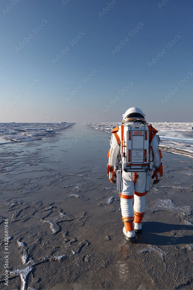 Astronaut Exploring Icy Terrain Under Clear Blue Sky in Futuristic Space Gear