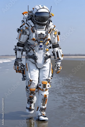 Obraz na płótnie Futuristic Astronaut in Advanced Space Suit Walking on Beach Shoreline Under Blue Sky w salonie
