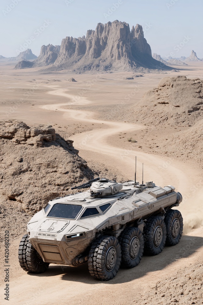 Futuristic All-Terrain Vehicle Navigating Arid Landscape with Rocky Mountains in Background