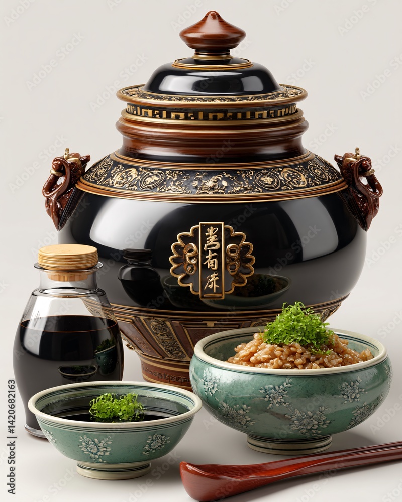 Traditional Japanese Ceramics and Condiments with Rice Dish and Soy Sauce Bottle