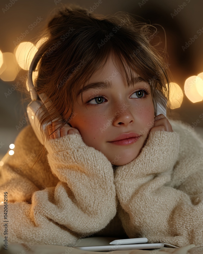Young girl in cozy sweater wearing headphones, enjoying music with soft glowing background lights