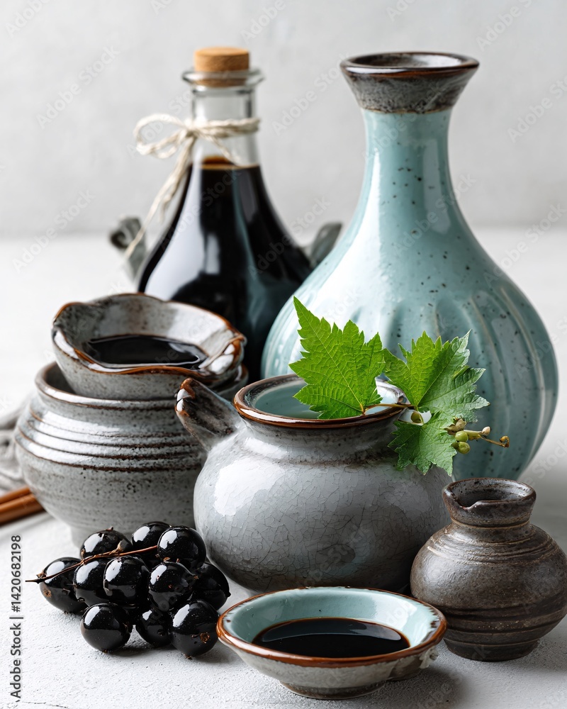 Elegant Display of Ceramics and Bottles with Grapes and Green Leaves on Neutral Background