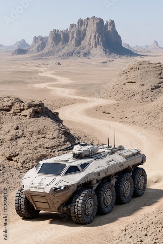 Obraz na płótnie Futuristic All-Terrain Vehicle Navigating Arid Landscape with Rocky Mountains in Background w salonie