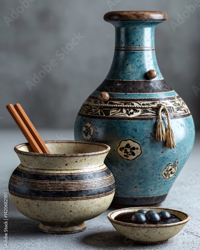 Obraz na płótnie Elegant ceramic vases and bowls with wooden chopsticks against textured background w salonie