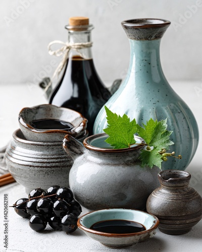 Elegant Display of Ceramics and Bottles with Grapes and Green Leaves on Neutral Background