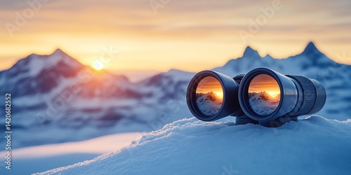 Binoculars Viewing Majestic Sunset Mountain Landscape