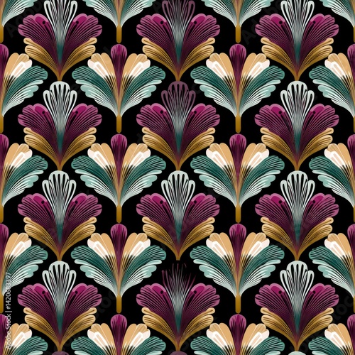 Elegant Art Deco Floral Pattern:  Purple, Gold, and Teal Fan-Shaped Blooms on Black