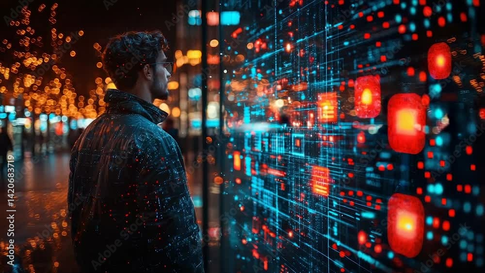 Man gazing at futuristic, data-rich digital display in city at night Man gazing at futuristic, data-rich digital display in city at night