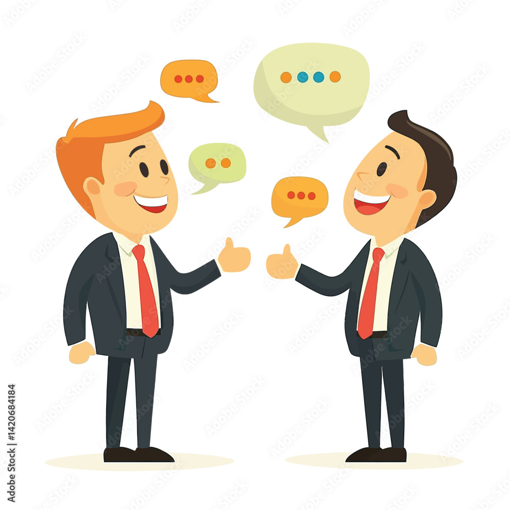 Two Men in Suits Discussing Ideas With Speech Bubbles Positive Interaction Two Men in Suits Discussing Ideas With Speech Bubbles Positive Interaction