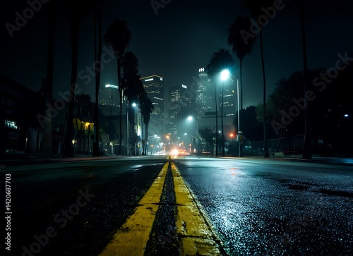 Chilling wide view of empty LA street under night sky, horror style