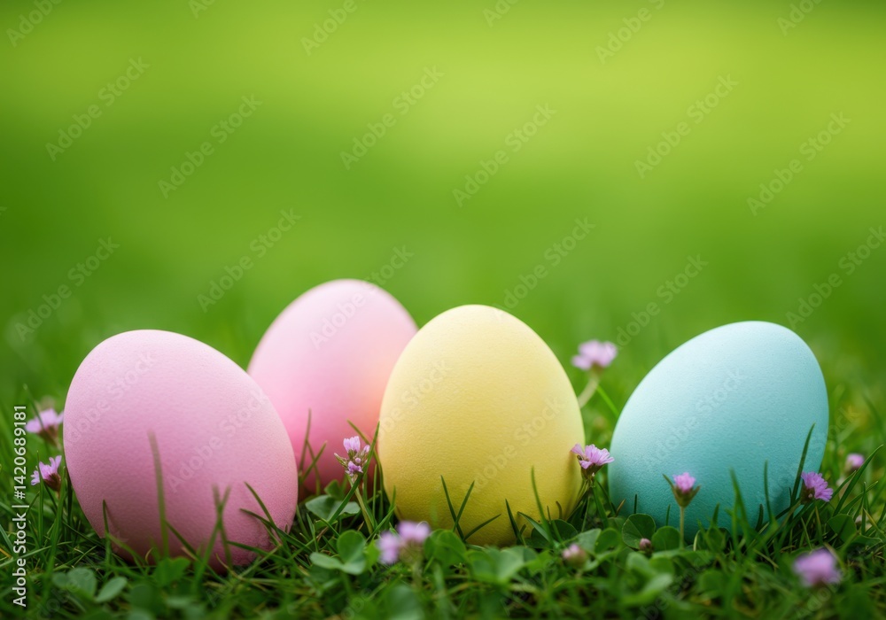 Pastel Easter eggs in soft grass with purple wildflowers