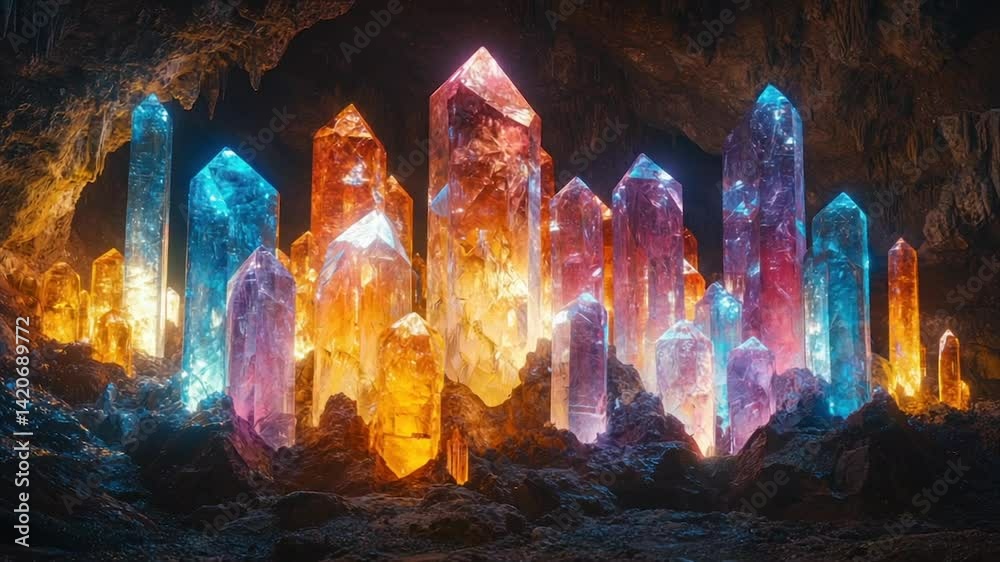 Luminous crystals in a dark cave, glowing with vibrant colors Luminous crystals in a dark cave, glowing with vibrant colors