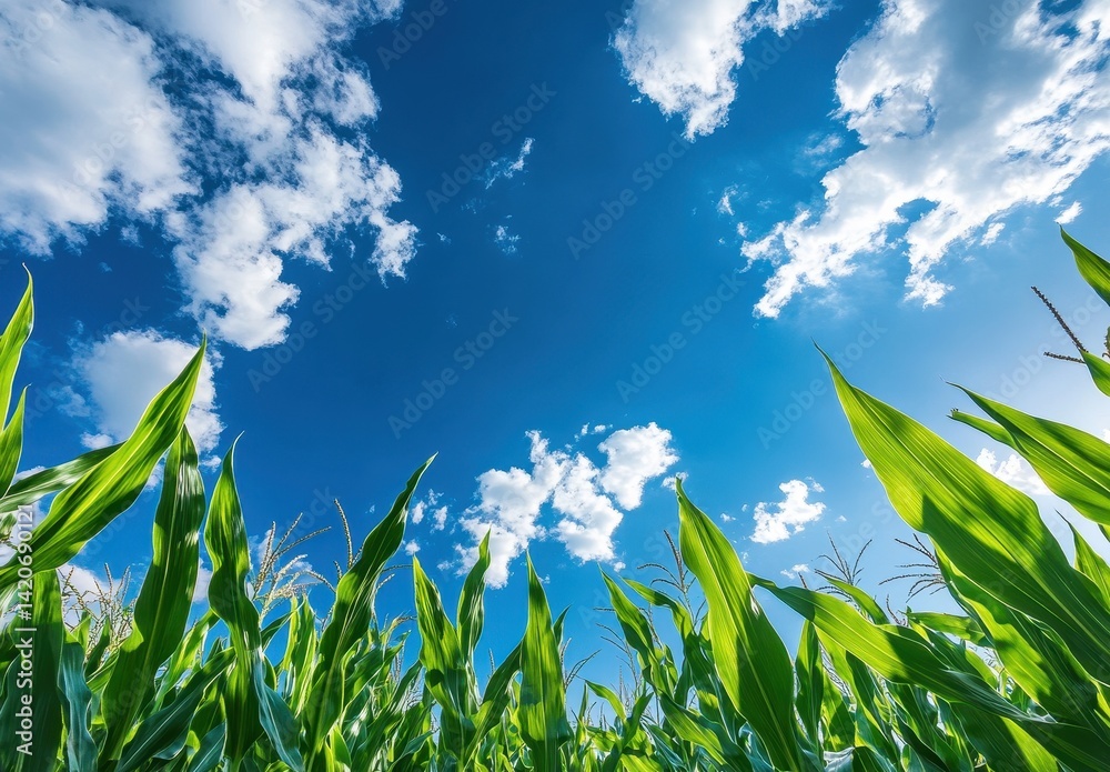 Obraz premium Lush Green Cornfield Under Vibrant Blue Sky with Fluffy White Clouds Showcasing Nature's Beauty and Serenity in a Summer Landscape