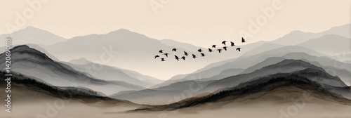 Misty mountains with birds in flight