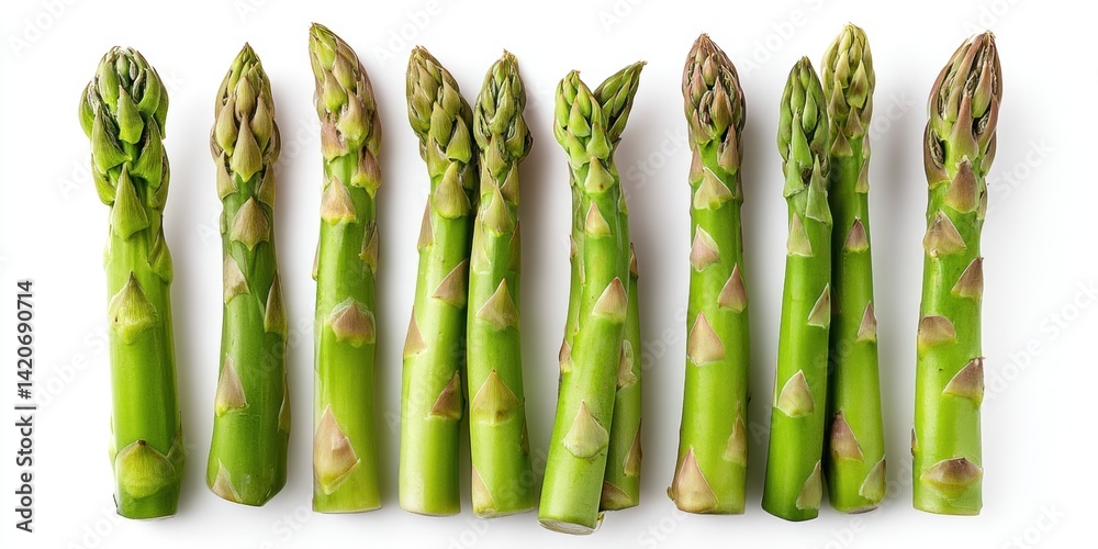 Fresh green asparagus spears arranged on a clean white surface with natural lighting.