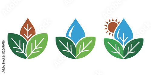 Eco Icons Vector Style With Leaf Water And Sun