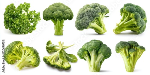 Close-up of fresh green broccoli florets on a clean white background, ideal for healthy food themes.