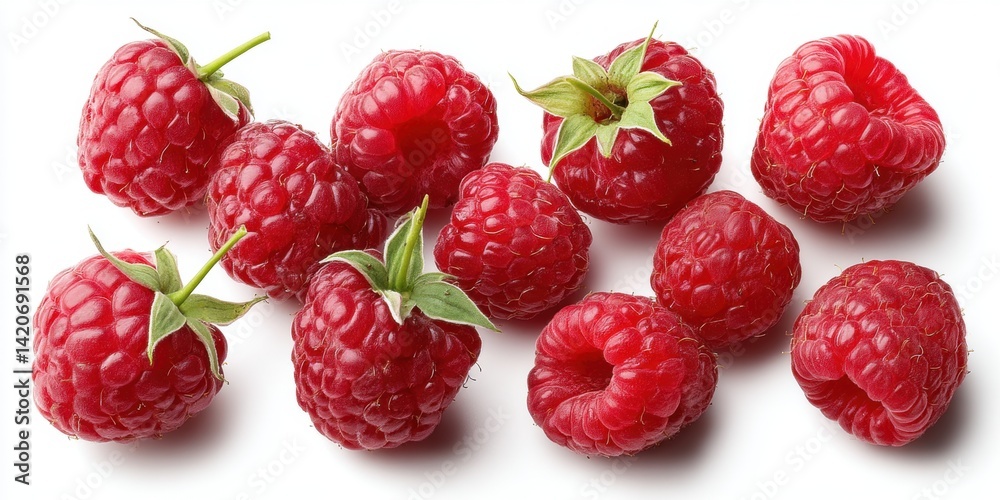 Close-up of fresh red raspberries on a clean white surface with natural lighting, perfect for food and healthy lifestyle