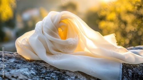 Soft, cream-colored shawl draped on rocks, bathed in golden sunlight.