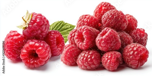 Close-up of fresh red raspberries with green leaves on a white background, ideal for food and health themes.